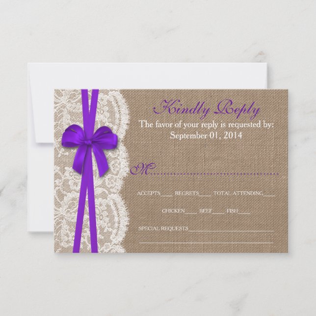 The Rustic Purple Bow Wedding Collection RSVP Card (Front)