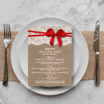 The Rustic Red Bow Wedding Collection Menu Cards<br><div class="desc">The rustic red bow wedding collection is a stunning design featuring a lovely rustic burlap effect background with a romantic vintage white lace effect trim and a stunning red bow. These menus can be personalised for your special occasion and would make the perfect template for wedding menus, bridal shower menus,...</div>