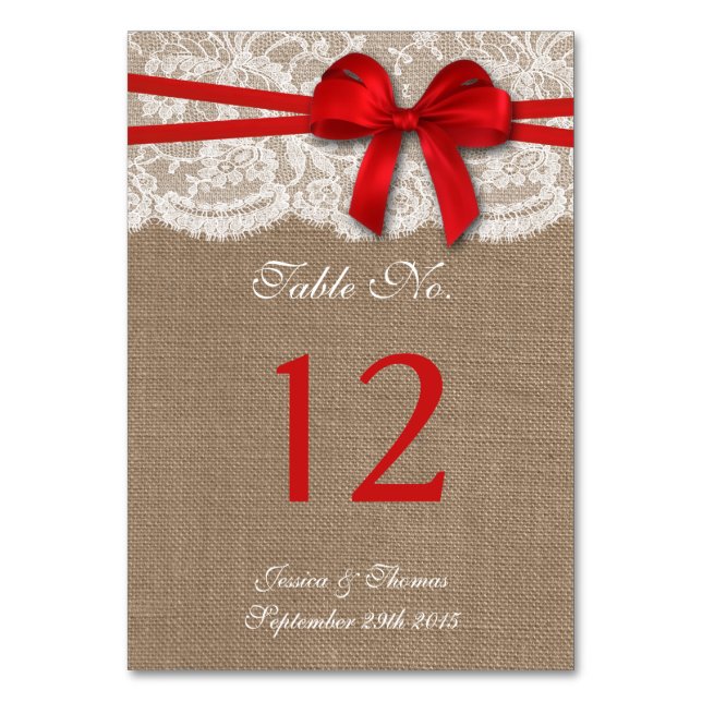 The Rustic Red Bow Wedding Collection Table Number (Front)