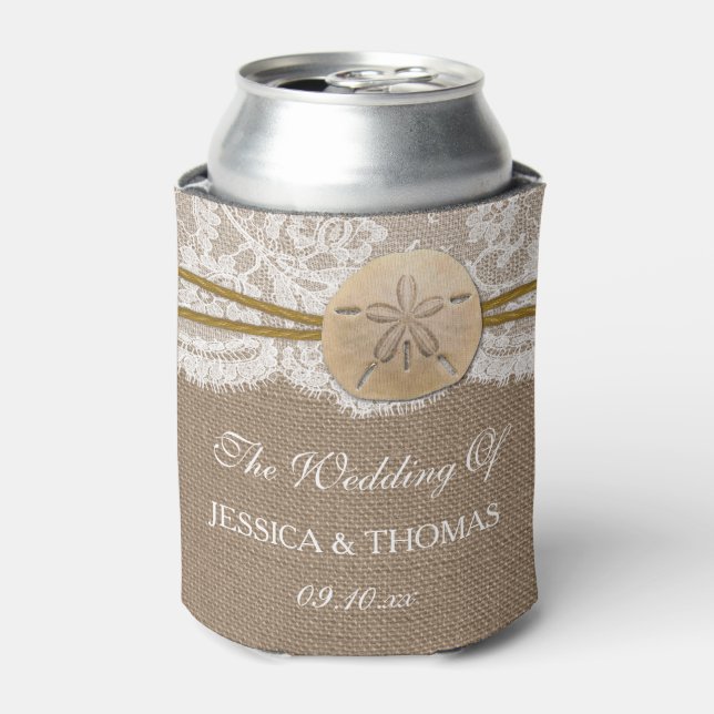The Rustic Sand Dollar Beach Wedding Collection Can Cooler (Can Front)