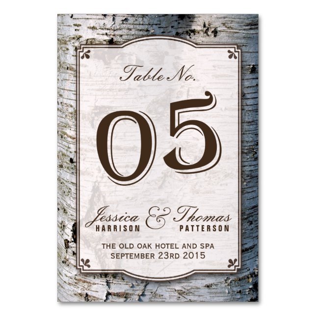 The Rustic Silver Birch Tree Wedding Collection 05 Table Number (Front)