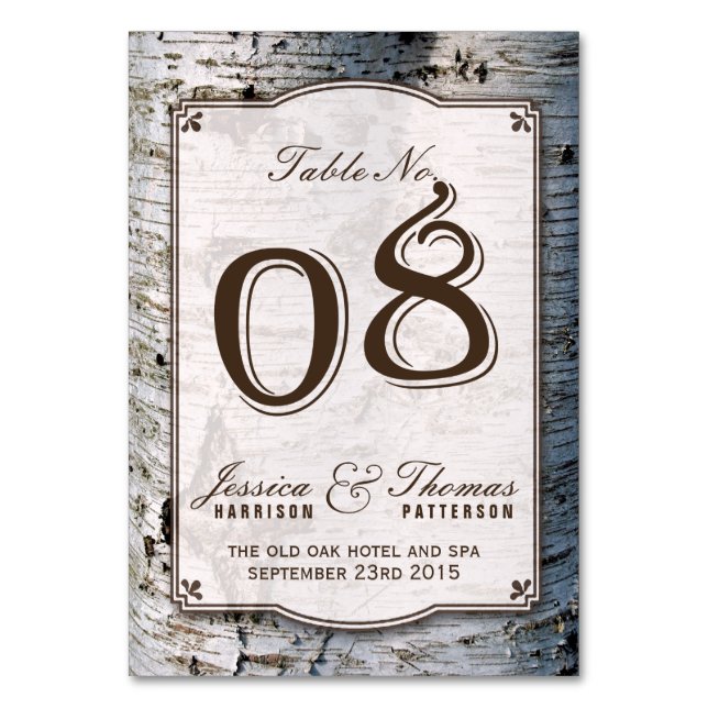 The Rustic Silver Birch Tree Wedding Collection 08 Table Number (Front)