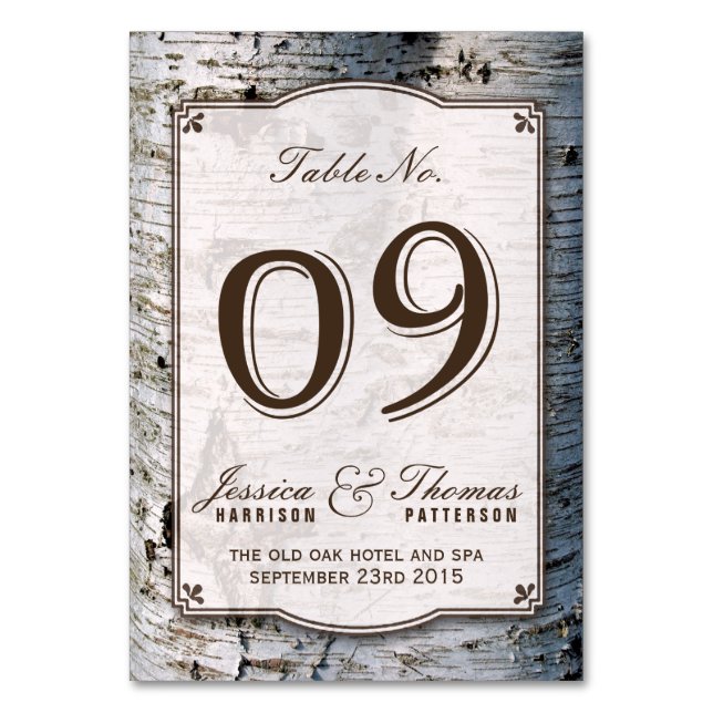 The Rustic Silver Birch Tree Wedding Collection 09 Table Number (Front)