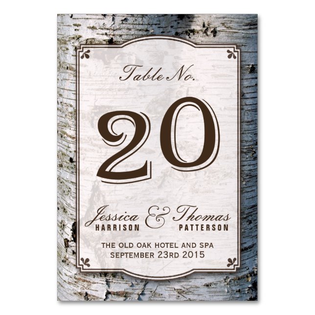The Rustic Silver Birch Tree Wedding Collection 20 Table Number (Front)