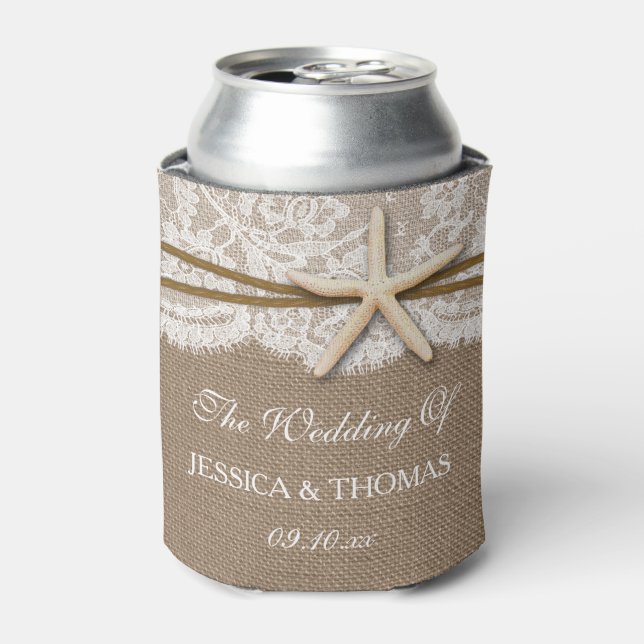The Rustic Starfish Beach Wedding Collection Can Cooler (Can Front)