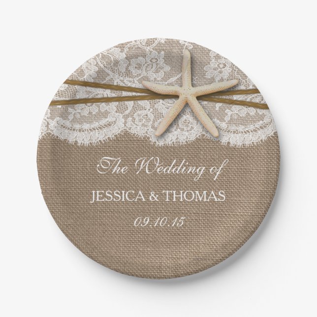 The Rustic Starfish Beach Wedding Collection Paper Plate (Front)