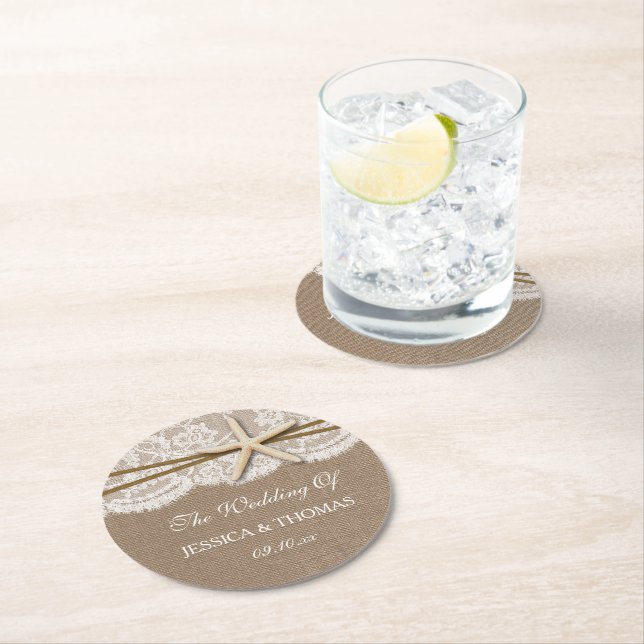 The Rustic Starfish Beach Wedding Collection Round Paper Coaster (Insitu)