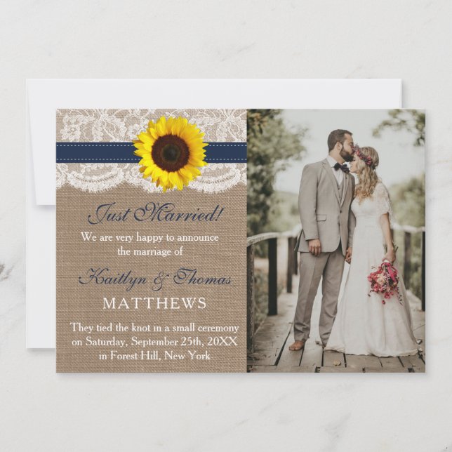 The Rustic Sunflower Wedding Collection - Navy Announcement (Front)