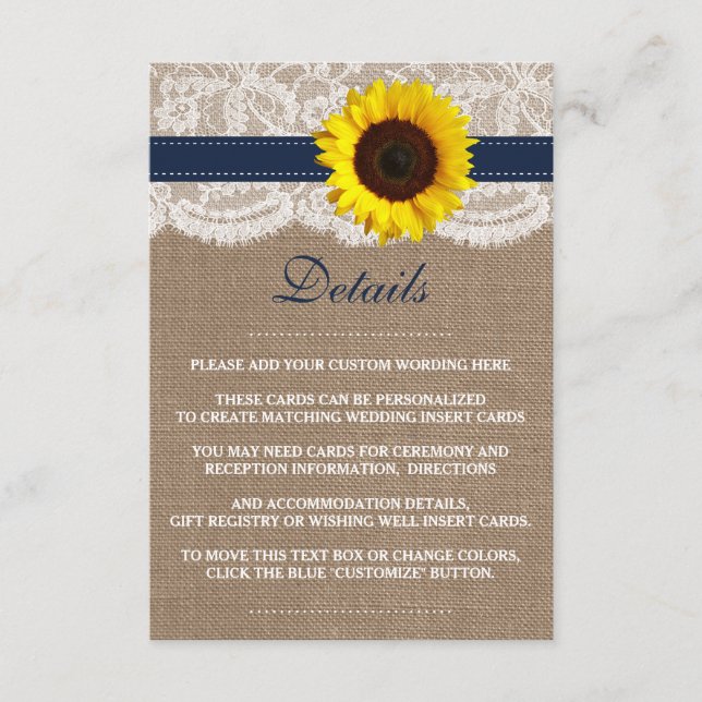 The Rustic Sunflower Wedding Collection - Navy Enclosure Card (Front)