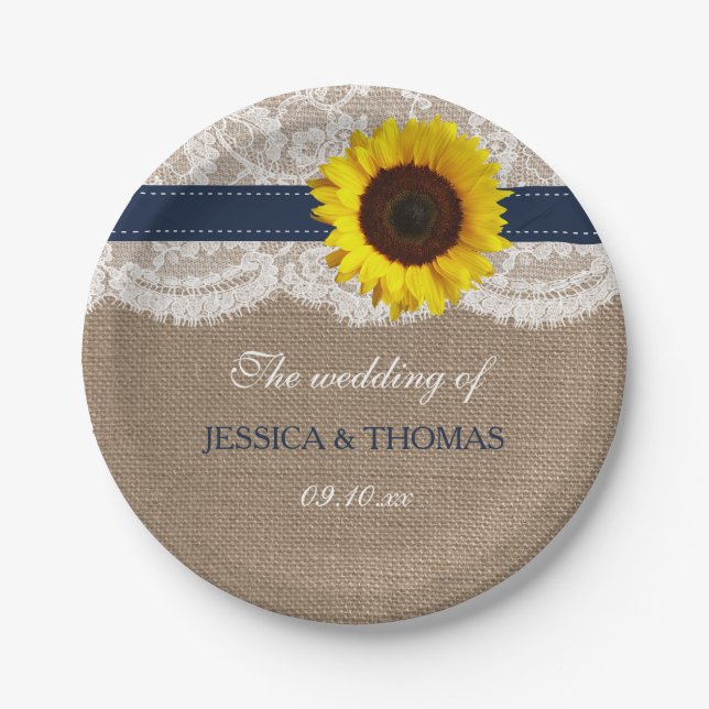 The Rustic Sunflower Wedding Collection - Navy Paper Plate (Front)