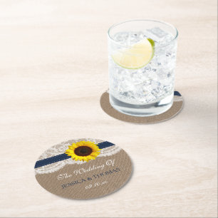 The Rustic Sunflower Wedding Collection - Navy Round Paper Coaster