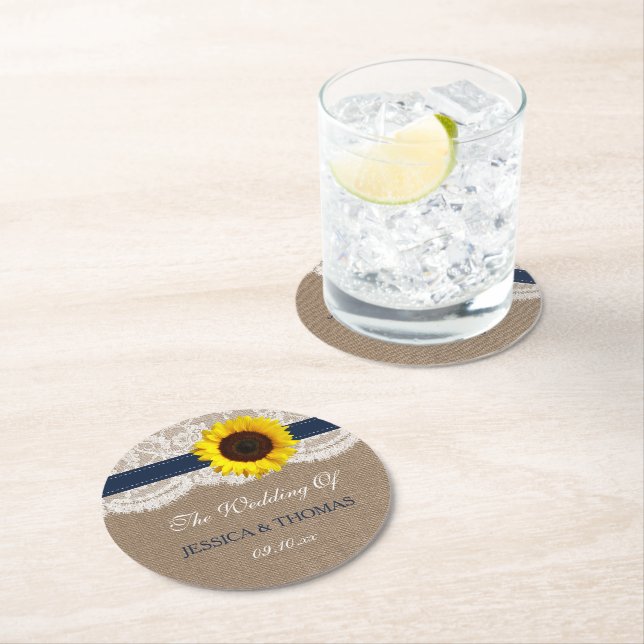 The Rustic Sunflower Wedding Collection - Navy Round Paper Coaster (Insitu)