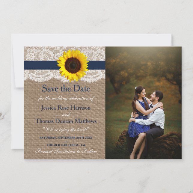 The Rustic Sunflower Wedding Collection - Navy Save The Date (Front)