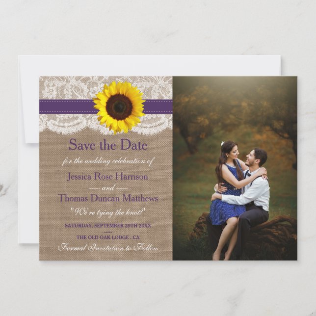 The Rustic Sunflower Wedding Collection - Purple Save The Date (Front)