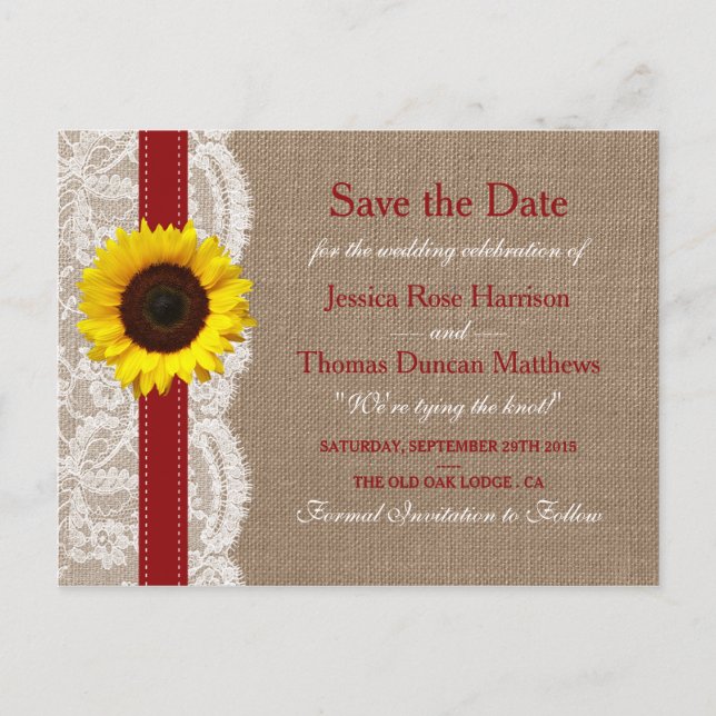 The Rustic Sunflower Wedding Collection - Red Announcement Postcard (Front)