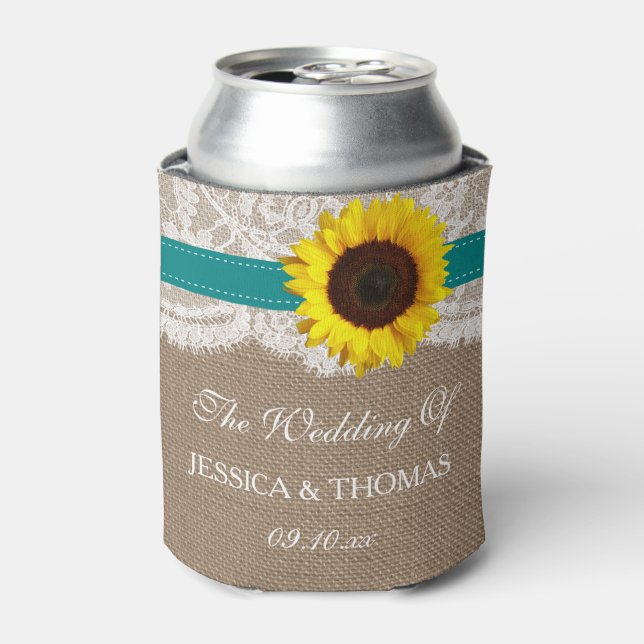 The Rustic Sunflower Wedding Collection - Teal Can Cooler (Can Front)