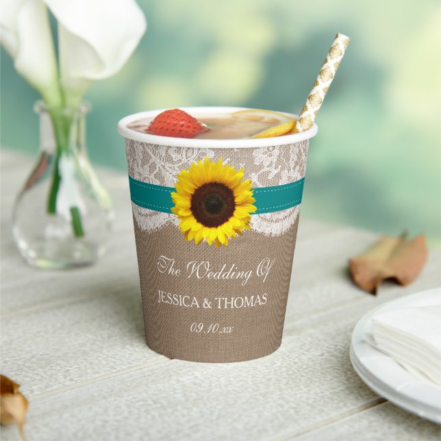 The Rustic Sunflower Wedding Collection - Teal Paper Cups (Insitu)