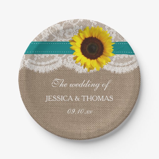 The Rustic Sunflower Wedding Collection - Teal Paper Plate (Front)