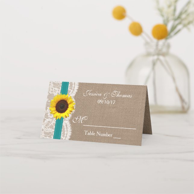 The Rustic Sunflower Wedding Collection - Teal Place Card (Front)