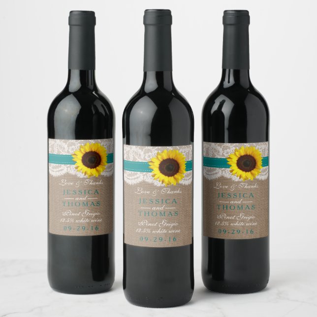 The Rustic Sunflower Wedding Collection - Teal Wine Label (Bottles)