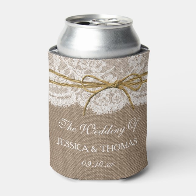 The Rustic Twine Bow Wedding Collection Can Cooler (Can Front)