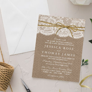 5x7 Kraft Paper Lace Twine Bow Wedding Invitation