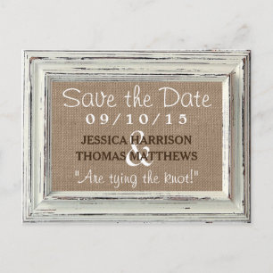 The Rustic White Frame & Burlap Wedding Collection Announcement Postcard