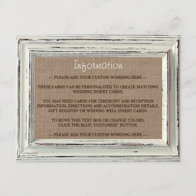 The Rustic White Frame & Burlap Wedding Collection Enclosure Card (Front)