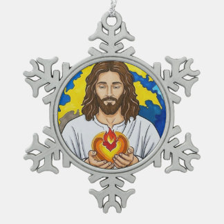 The Sacred Heart of Jesus Snowflake Pewter Christmas Ornament