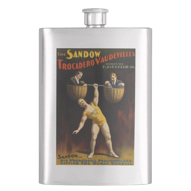 The Sandow Eugen Sandow Vaudeville Weightlifter  Hip Flask (Front)