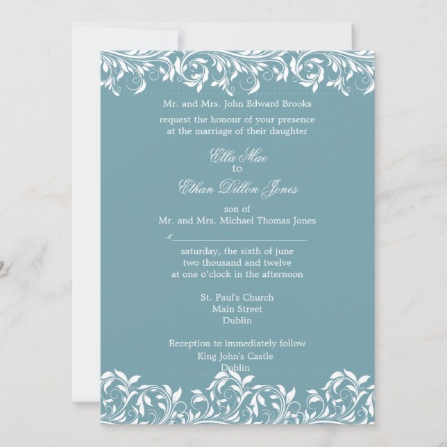 The Sarah Jane blue and  white wedding invitation (Front)