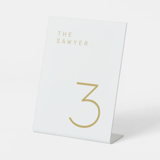 The Sawyer 3 Gold and White Table Number Pedestal Sign (Front)