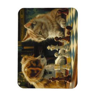The Scholars' Standoff Cat and Dog Playing Chess Magnet