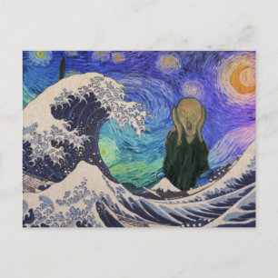 The Scream at The Great Wave Starry Night Postcard