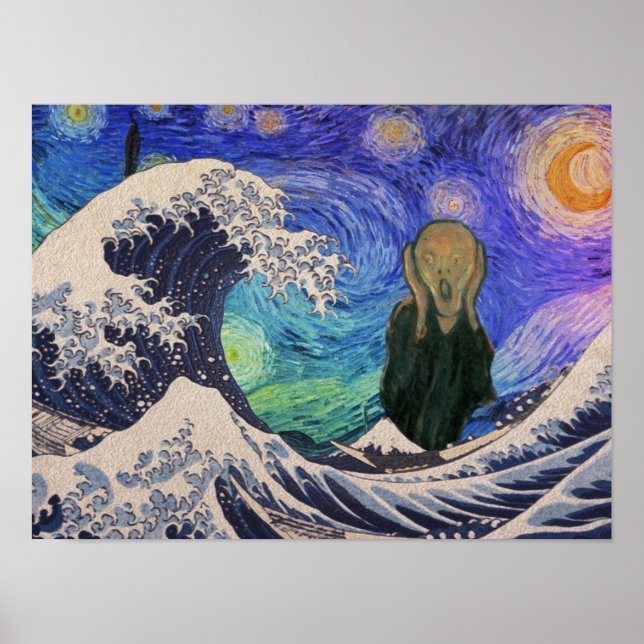 The Scream at The Great Wave Starry Night Poster (Front)