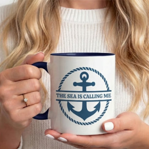 The Sea Is Calling Me Nautical Navy Blue Anchor Mug