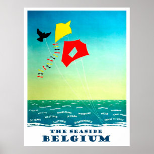 The seaside of Belgium, flying kites, vintage Poster