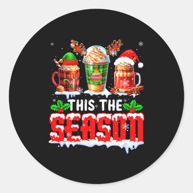 The Season Christmas Three Santa Reindeer Elf Coff Classic Round Sticker (Front)