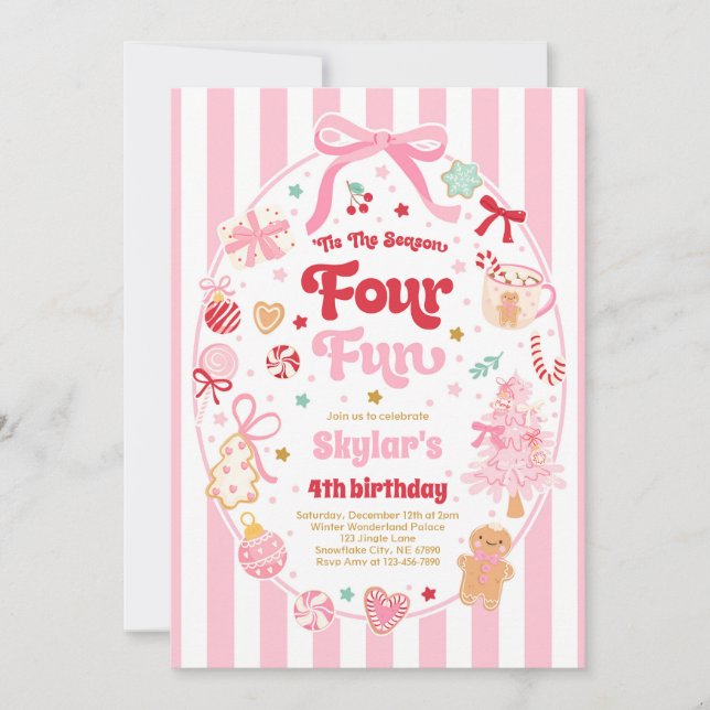 The Season Four Fun Christmas Bow 4th Birthday Invitation (Front)