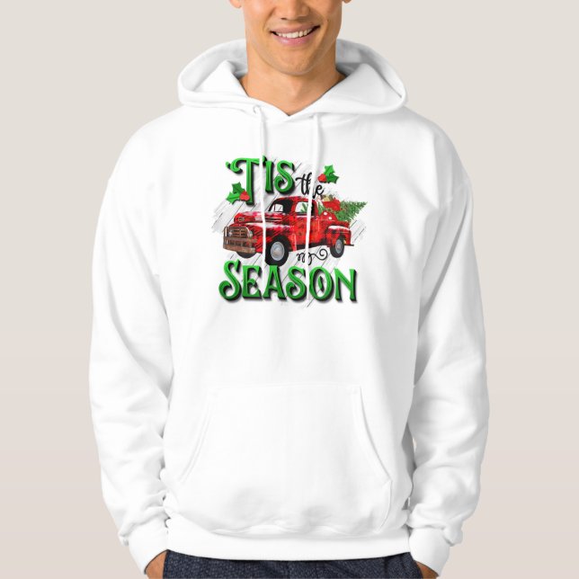 the Season Red Plaid Retro Truck Christmas Hoodie (Front)