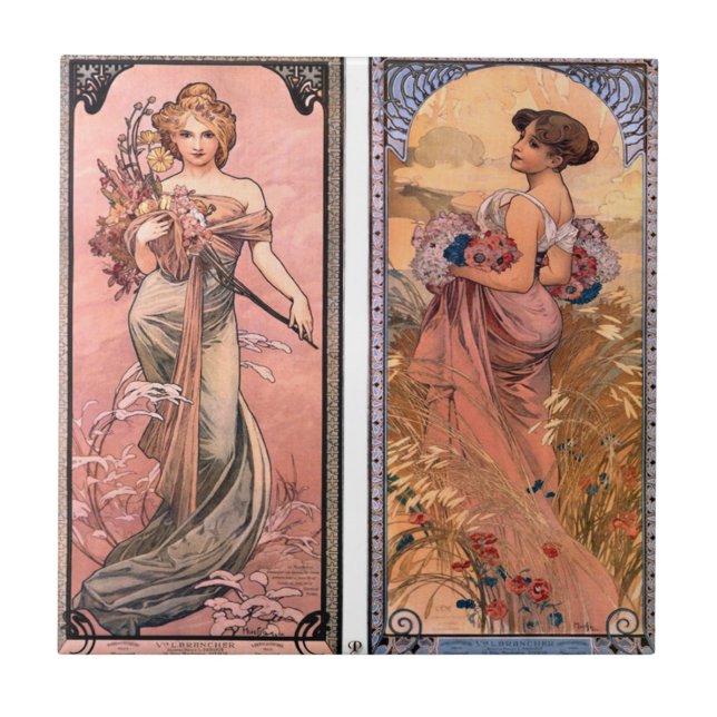 The seasons (Spring, Summer) Alphonse Mucha Tile (Front)