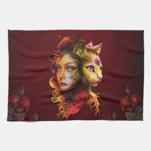 The secret of the symbiosis of a woman and a cat, tea towel