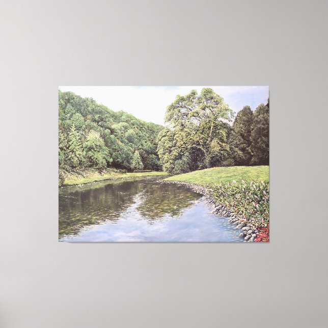 The Serene Waterway: Realistic River Landscape Oil Canvas Print (Front)