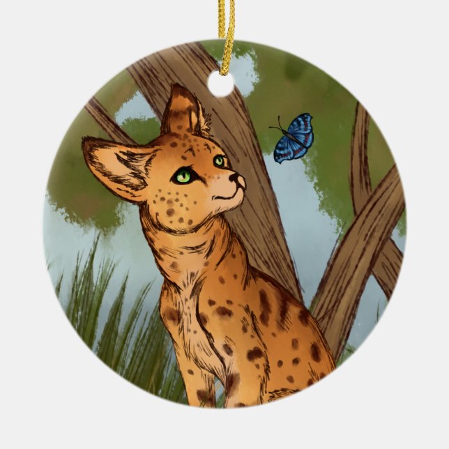 The Serval and the Butterfly Ceramic Tree Decoration (Front)