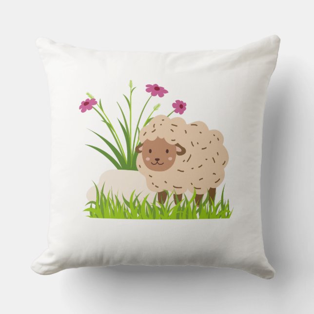 The Sheep and Grass Cosy Throw Pillow (Front)