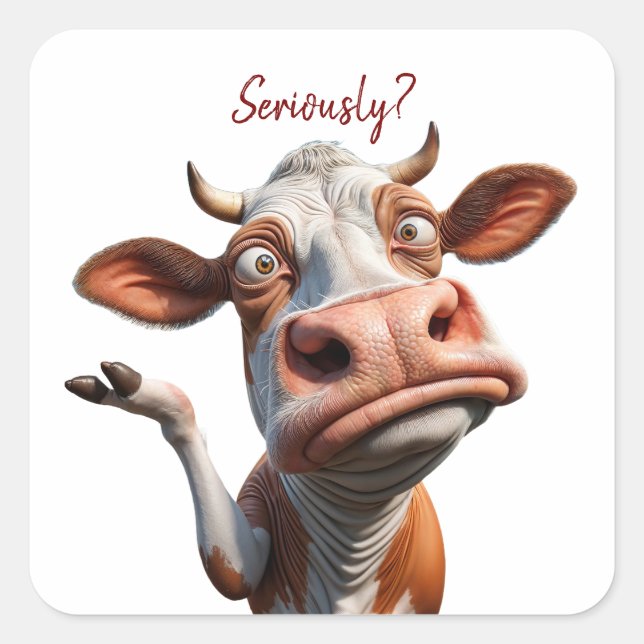 The Silly Cow - "Seriously?" Funny Quote Design Square Sticker (Front)