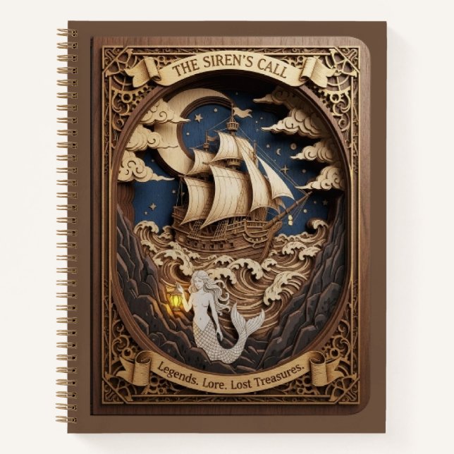 The Siren's Call Nautical Mermaid Wood Carved  Notebook (Front)
