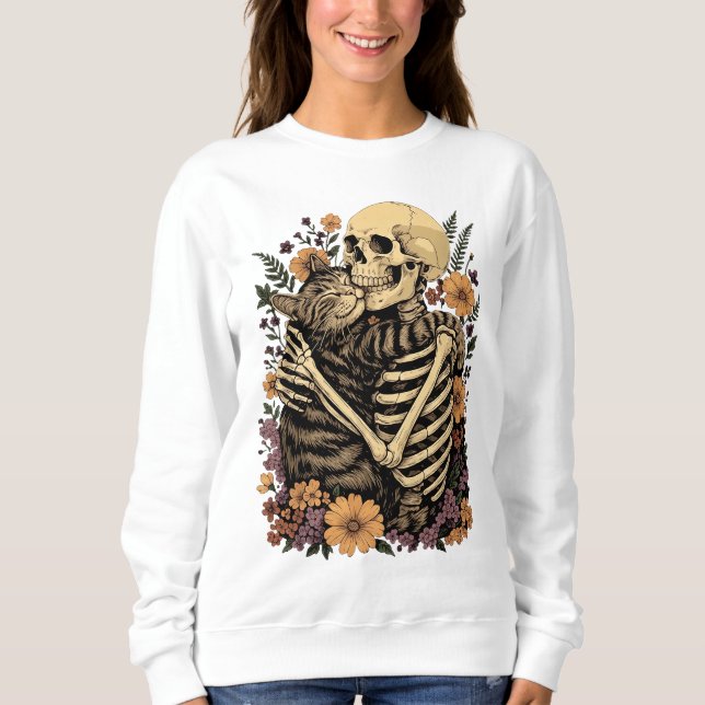 The Skeleton Hugging Cat Halloween Cat Lover Sweatshirt (Front)