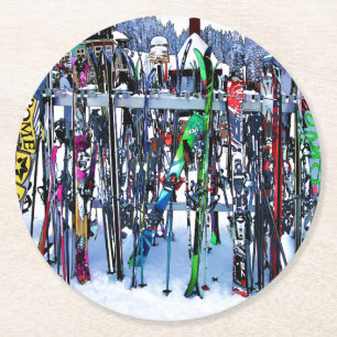 The Ski Party - Skis and Poles  Round Paper Coaster