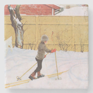 The Skier (Young Boy With Skis) (Winter Scene) Stone Coaster